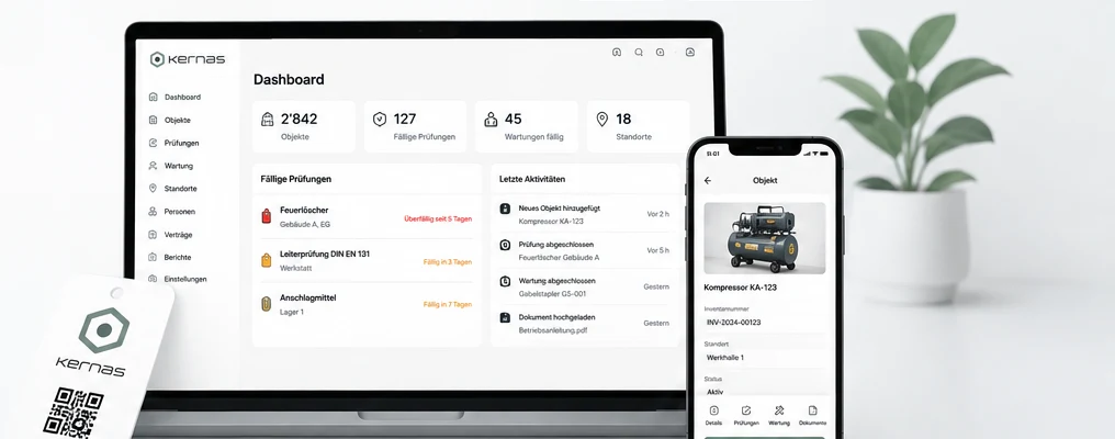 Kernas Dashboard auf Laptop und Smartphone mit QR-Code-Etikett