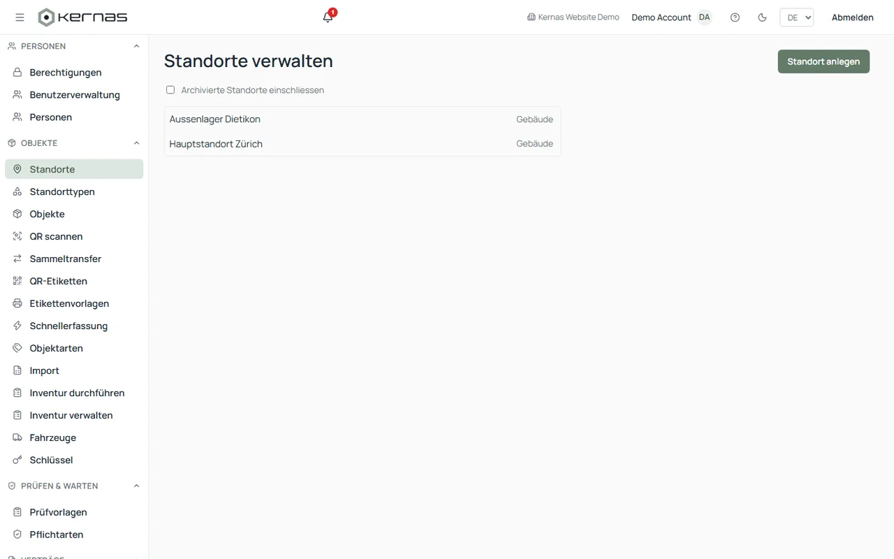 Standortliste in Kernas mit Standortname und zugeordnetem Standorttyp